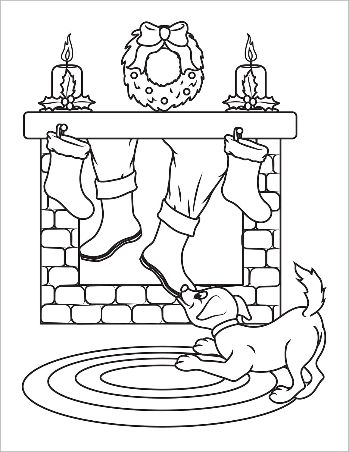 dog pulling santas leg in chimney christmas coloring book page for kids