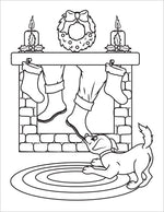 dog pulling santas leg in chimney christmas coloring book page for kids