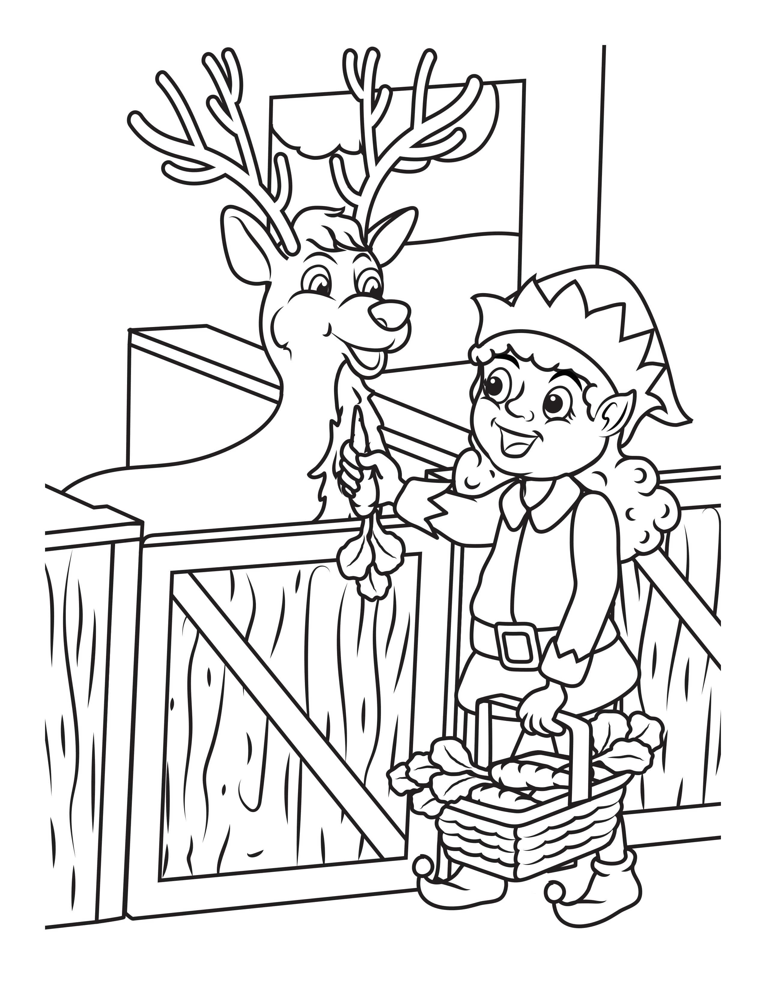 elves feeding reindeer christmas coloring page for kids