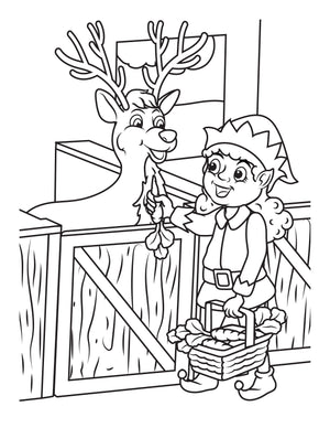 elves feeding reindeer christmas coloring page for kids