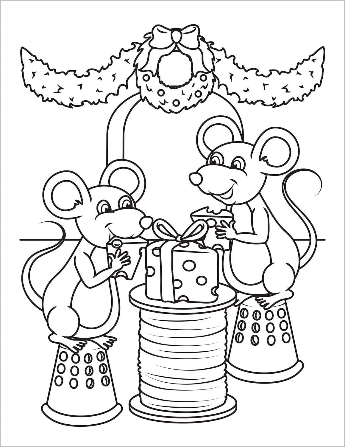 two mice with wrapped cheese gifts christmas coloring book page for kids