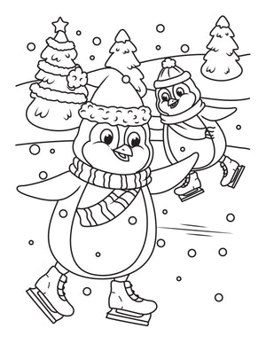 two penguins ice skating christmas coloring book page for kids