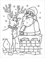 santa and reindeer on roof kids christmas coloring page