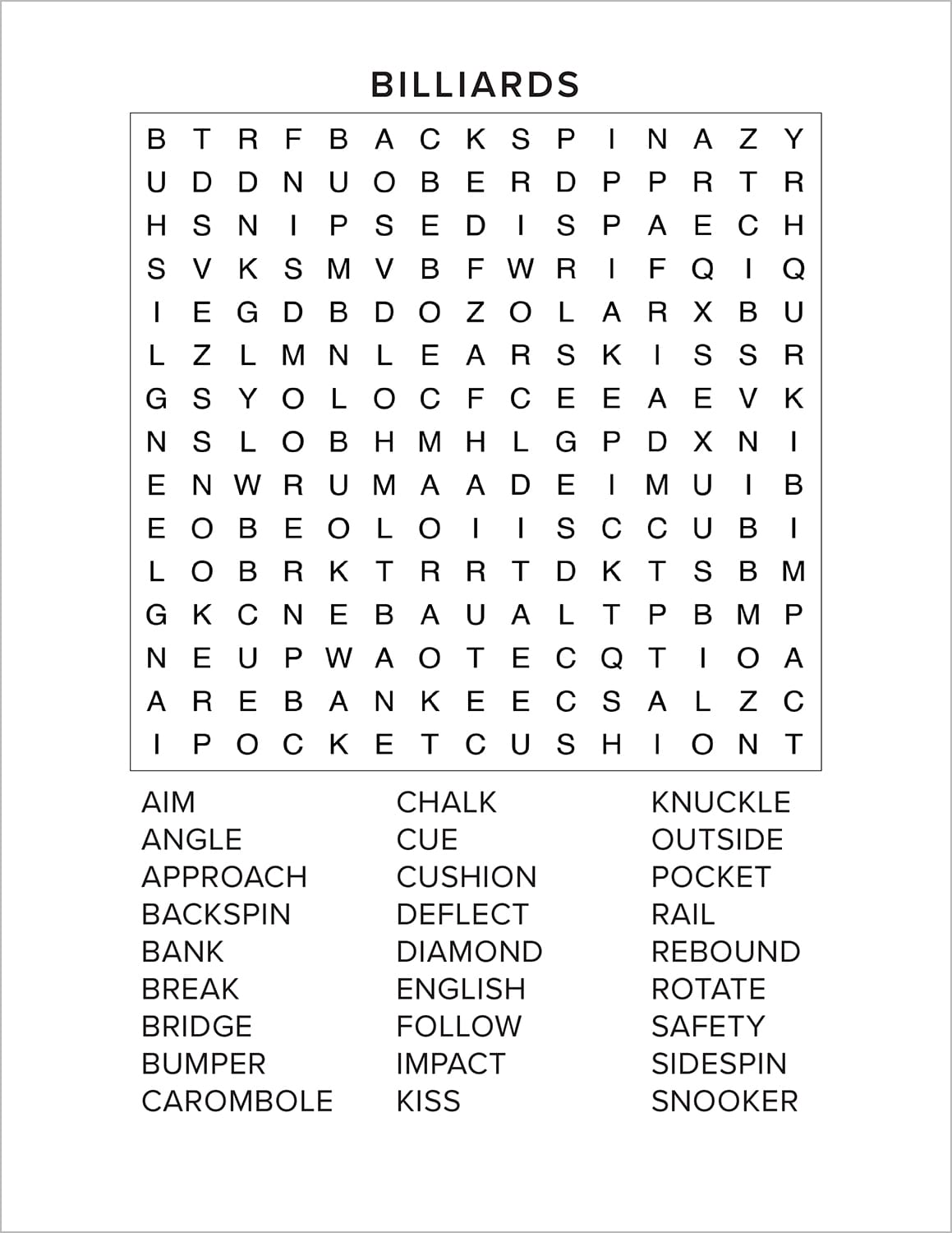 billiards word find from sports and games word seach puzzle book large print