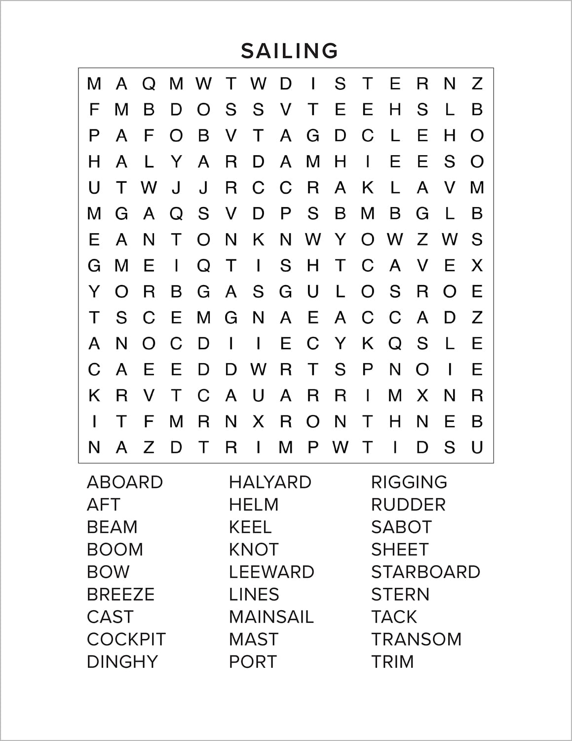 sailing word find from sports and games word seach puzzle book large print