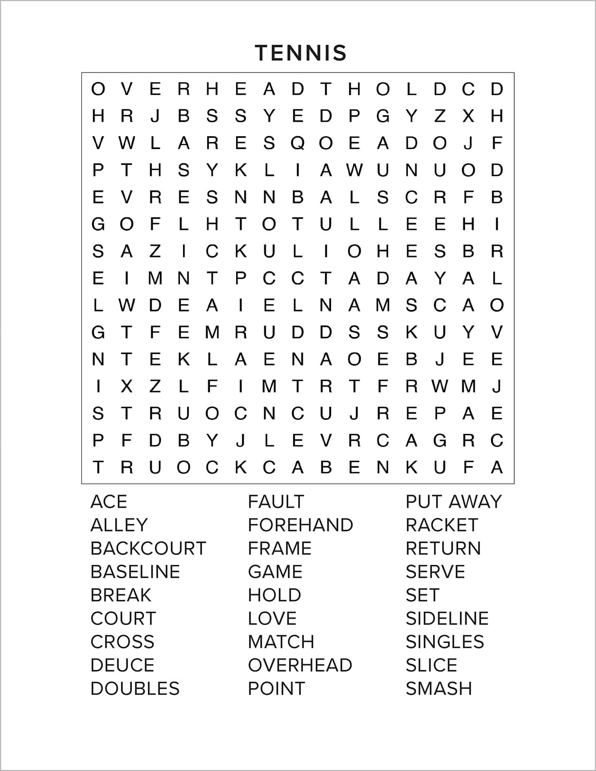 tennis word find from sports and games word seach puzzle book large print