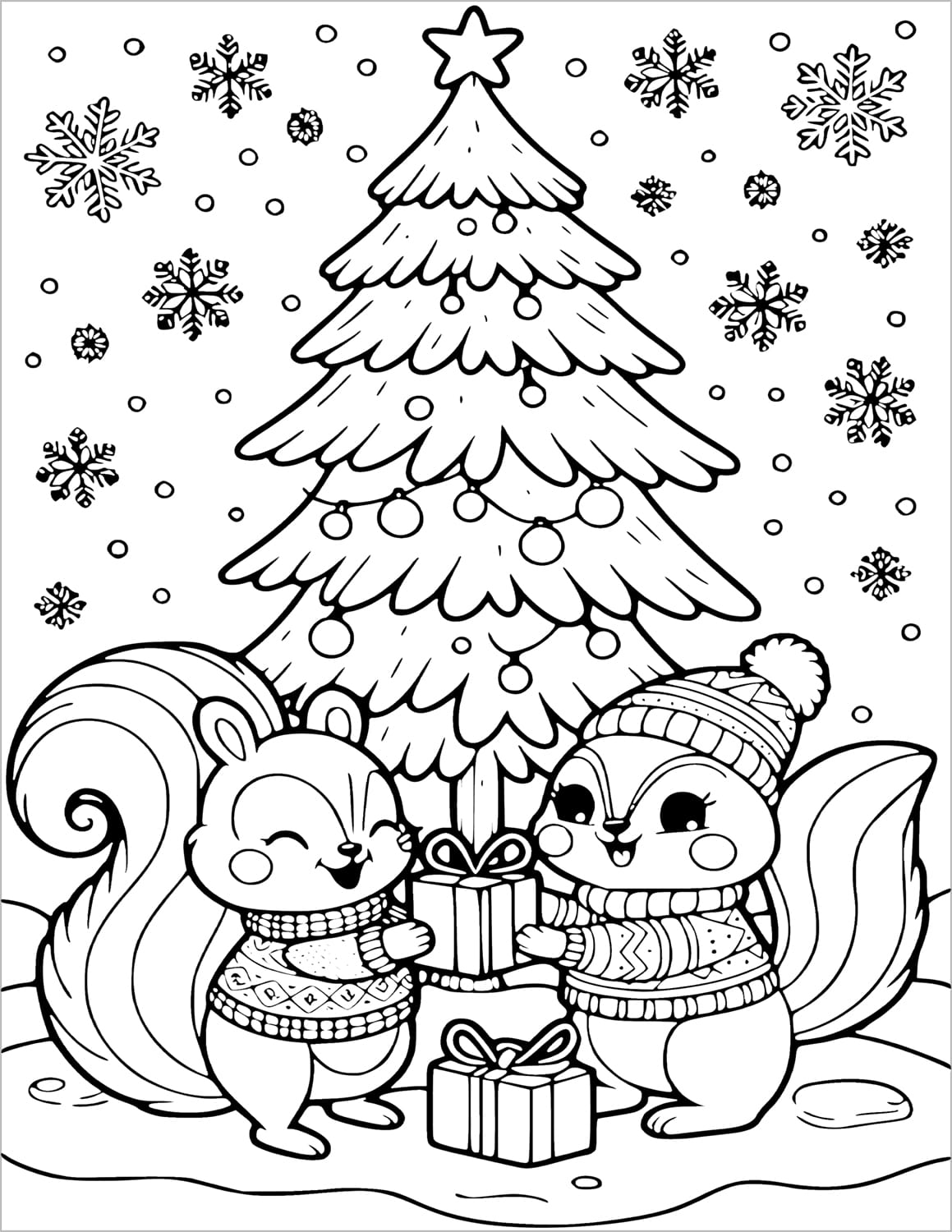 two squirrels with presents under christmas tree coloring page for children