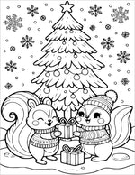 two squirrels with presents under christmas tree coloring page for children