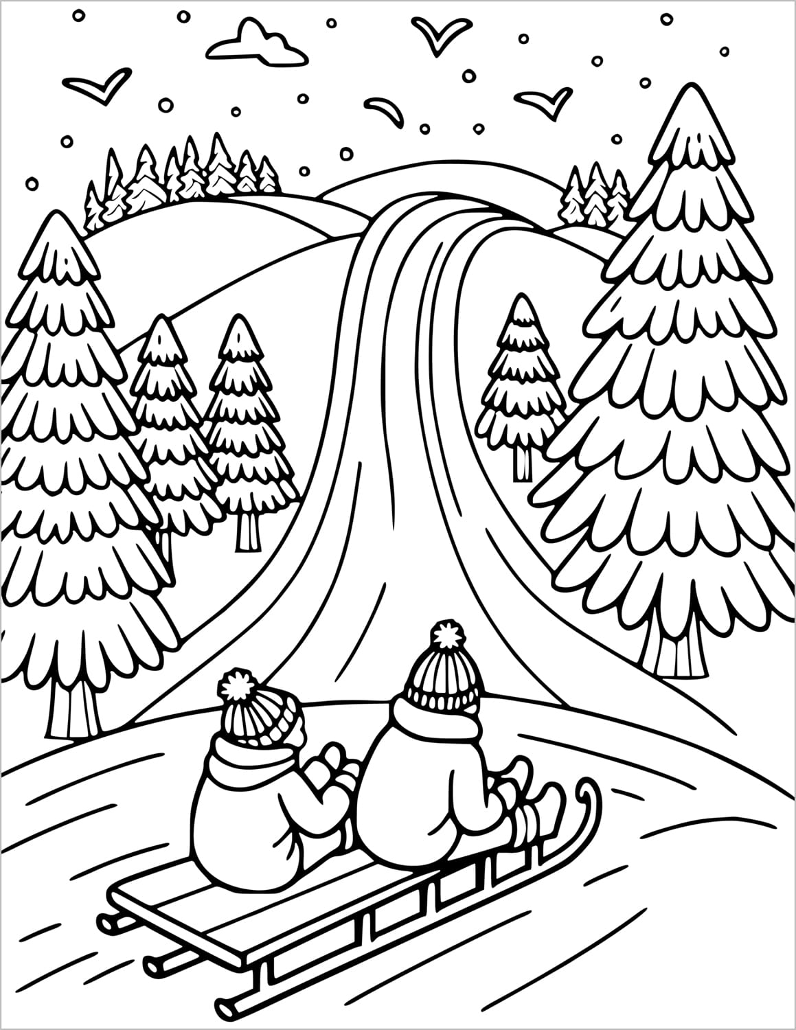 two children sledding through trees christmas coloring book page for kids