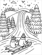 two children sledding through trees christmas coloring book page for kids