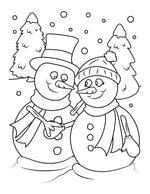 two snowmen couple holding hands christmas coloring page for children